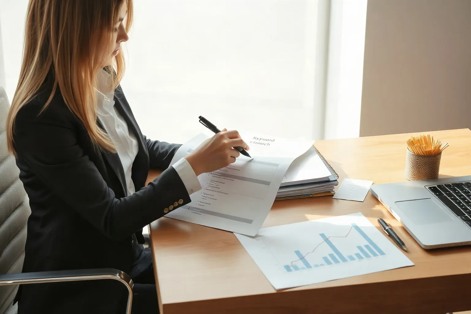 A business-casual professional at a single desk using a pen to divide a printed keyword research sheet into segments with horizontal lines, a printed bar and line graph showing upward traffic trends resting beside the active document