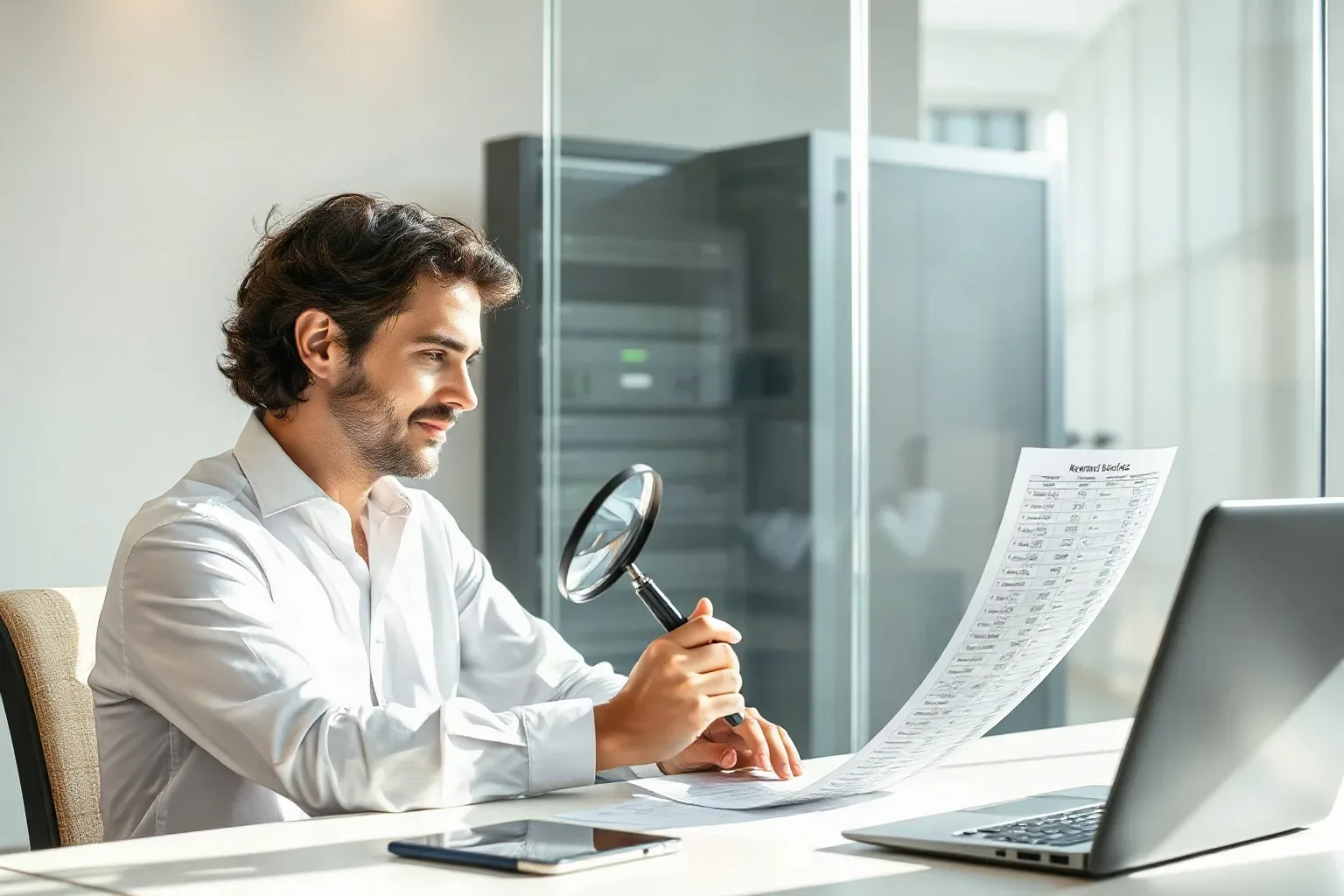 A seated analyst at a desk pressing a magnifying glass against a column of difficulty scores on a keyword research printout, the server rack through the glass partition subtly visible behind the desk