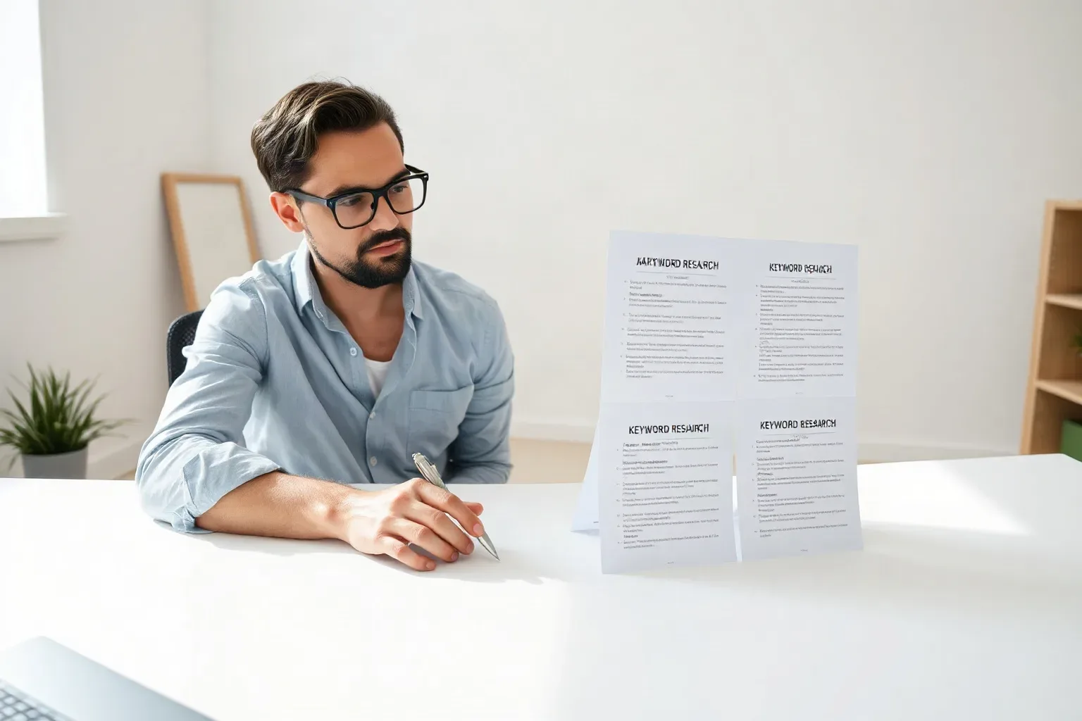 A person wearing glasses sits at a white desk holding a pen and reviewing several printed keyword research documents propped upright