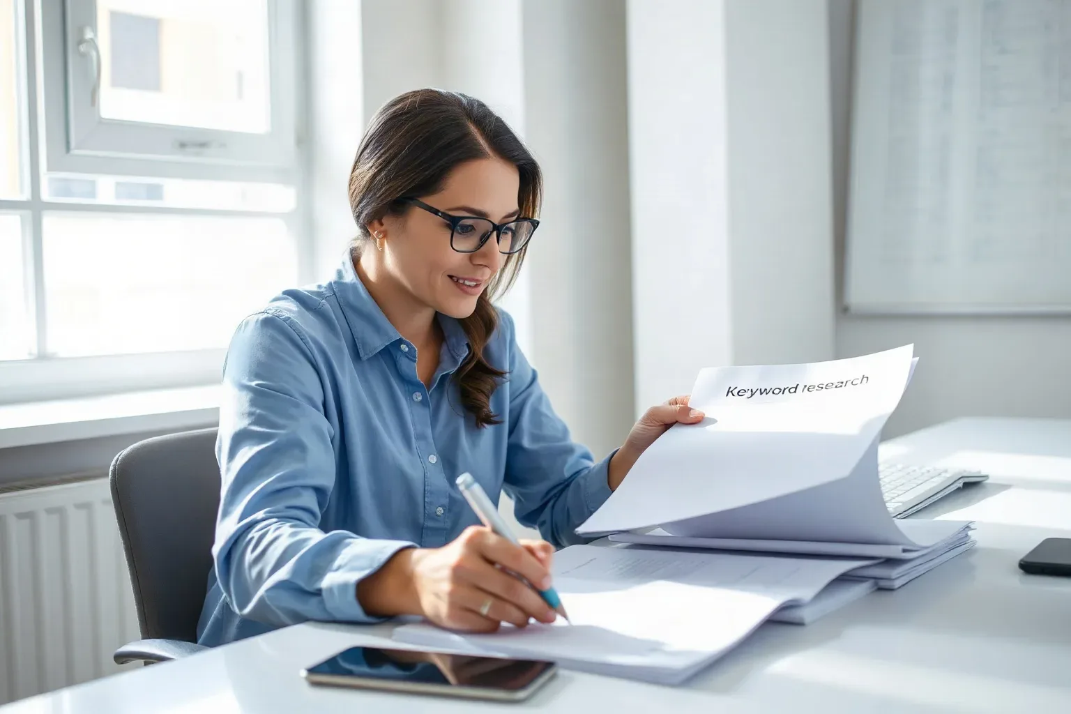 A person wearing glasses sits at a desk in a bright office, holding papers labelled 'Keyword research' while writing notes