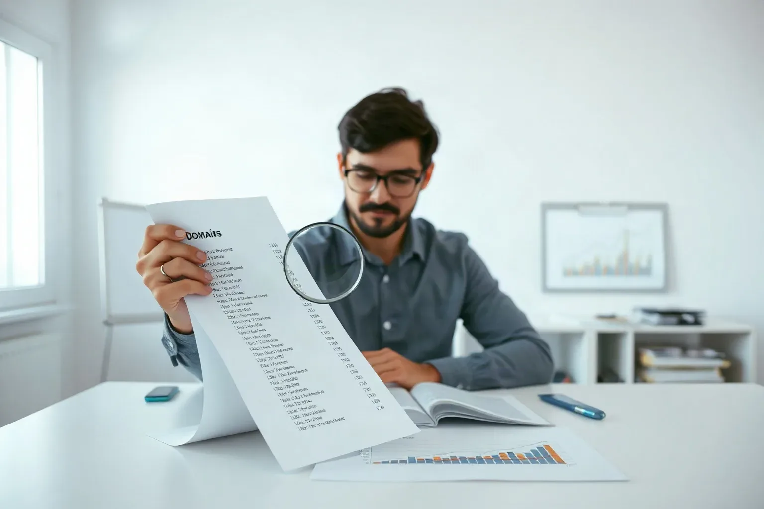 A seated analyst at a desk holding a magnifying glass over a printed list of domain entries on a keyword research printout, checking figures against a printed bar and line graph open beside the sheet