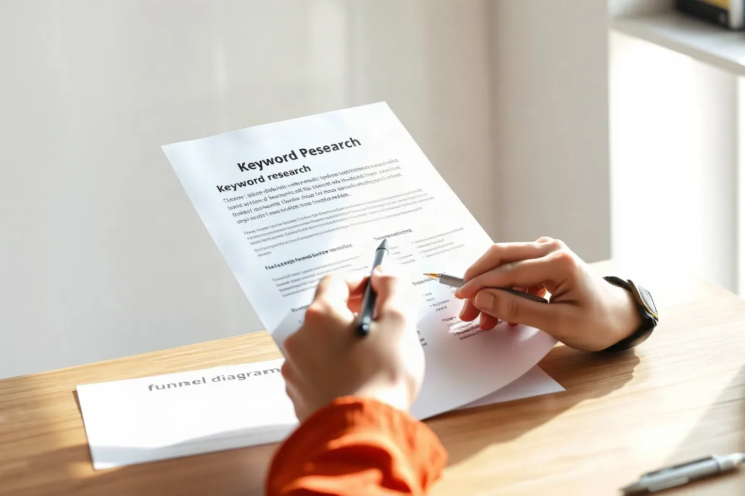 A marketing professional at a single desk using a pen to trace a broken outbound-link path on a printed keyword research printout, a tiered funnel diagram sheet visible beneath the active document