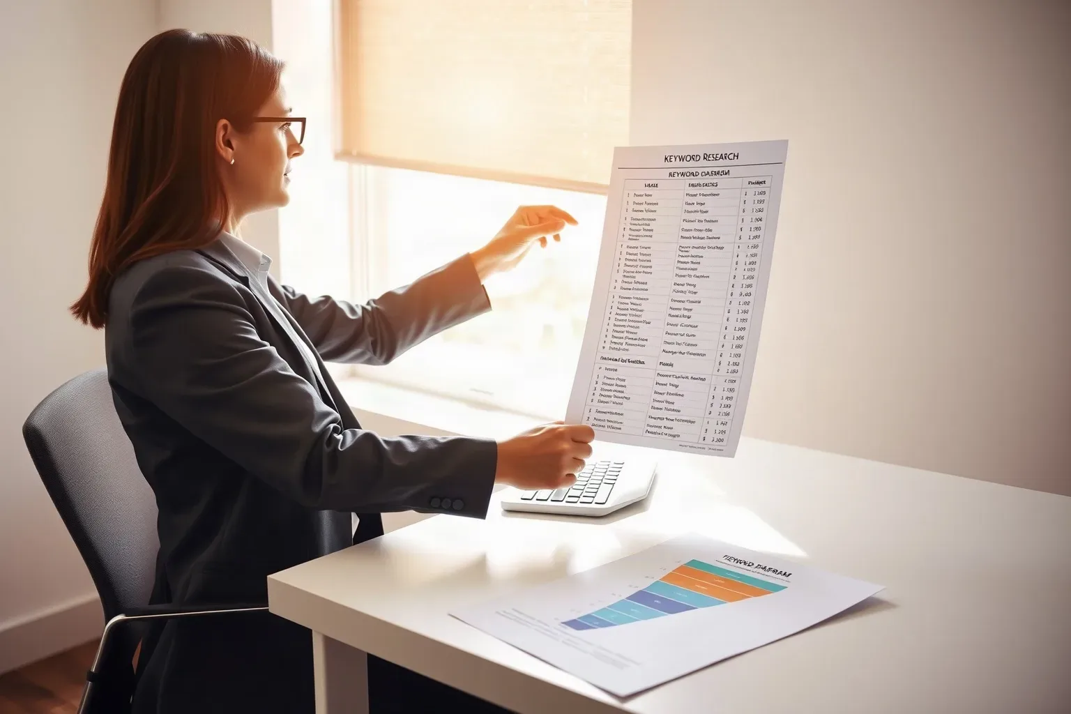 A business-casual professional at a single desk lifting a printed keyword research sheet and holding it upright to read a column of name and address entries against the light from the nearby window, a tiered funnel diagram printout lying flat on the desk below