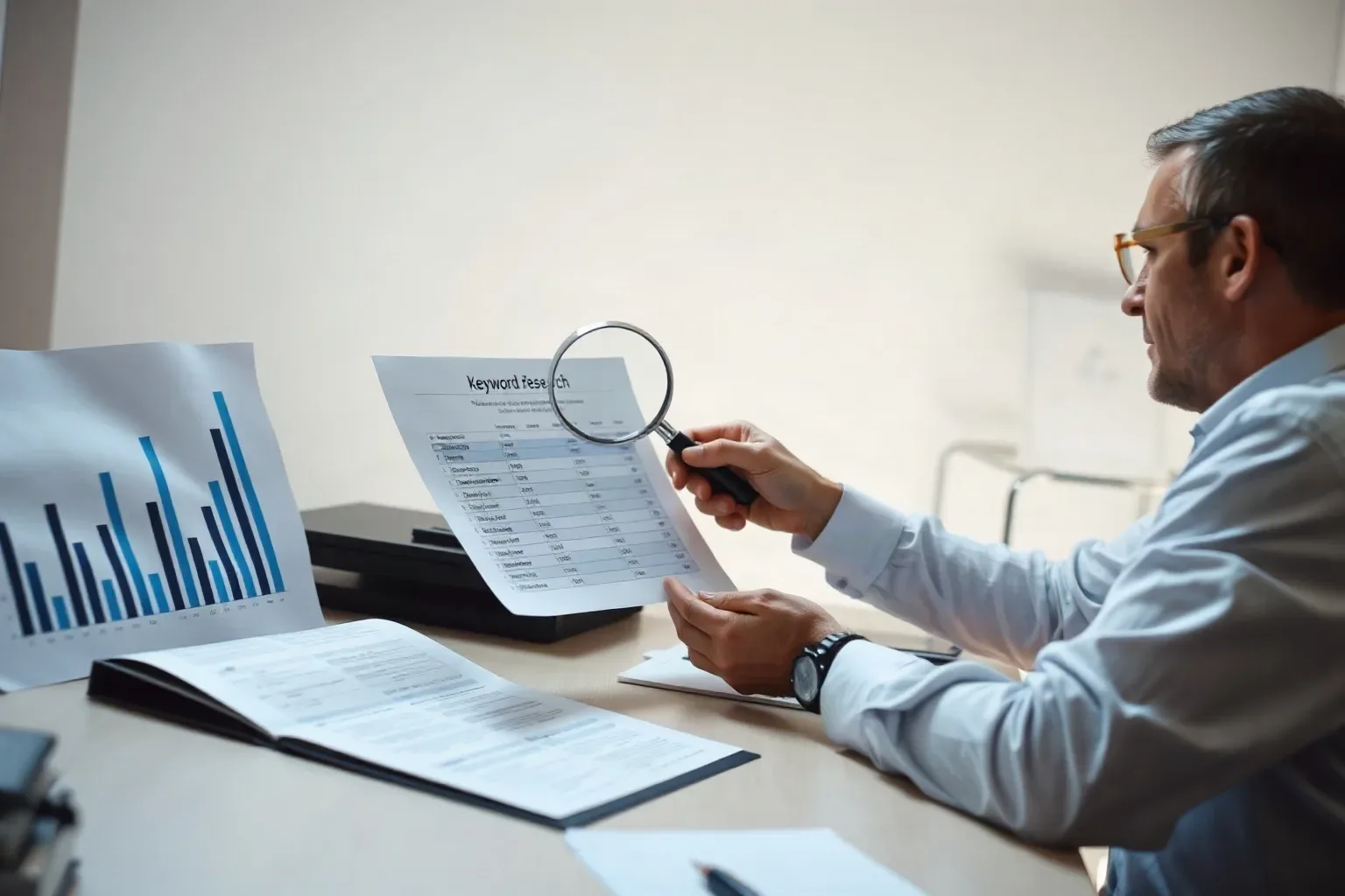 A person in a light shirt holds a magnifying glass up to a printed keyword research document while seated at a desk covered in charts and papers