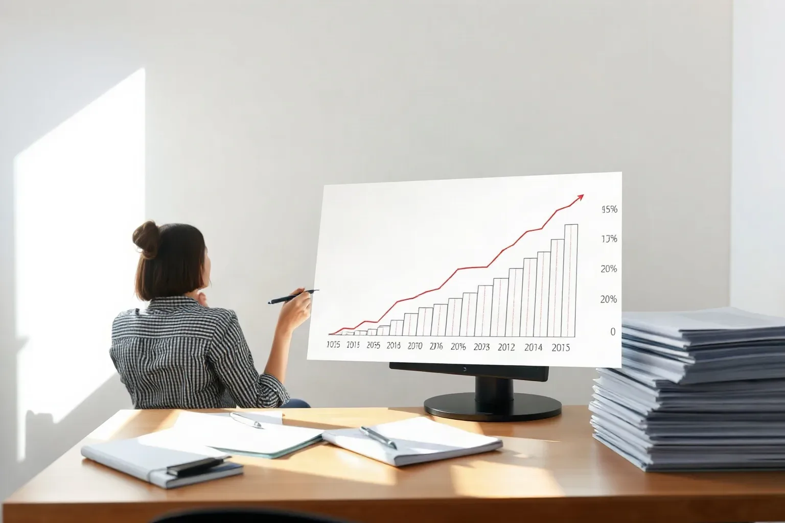 A marketing professional at a single desk using a pen to mark a series of evenly spaced points along the rising portion of a printed bar and line graph showing upward traffic trends, a stack of keyword research printouts pushed to the far corner of the desk