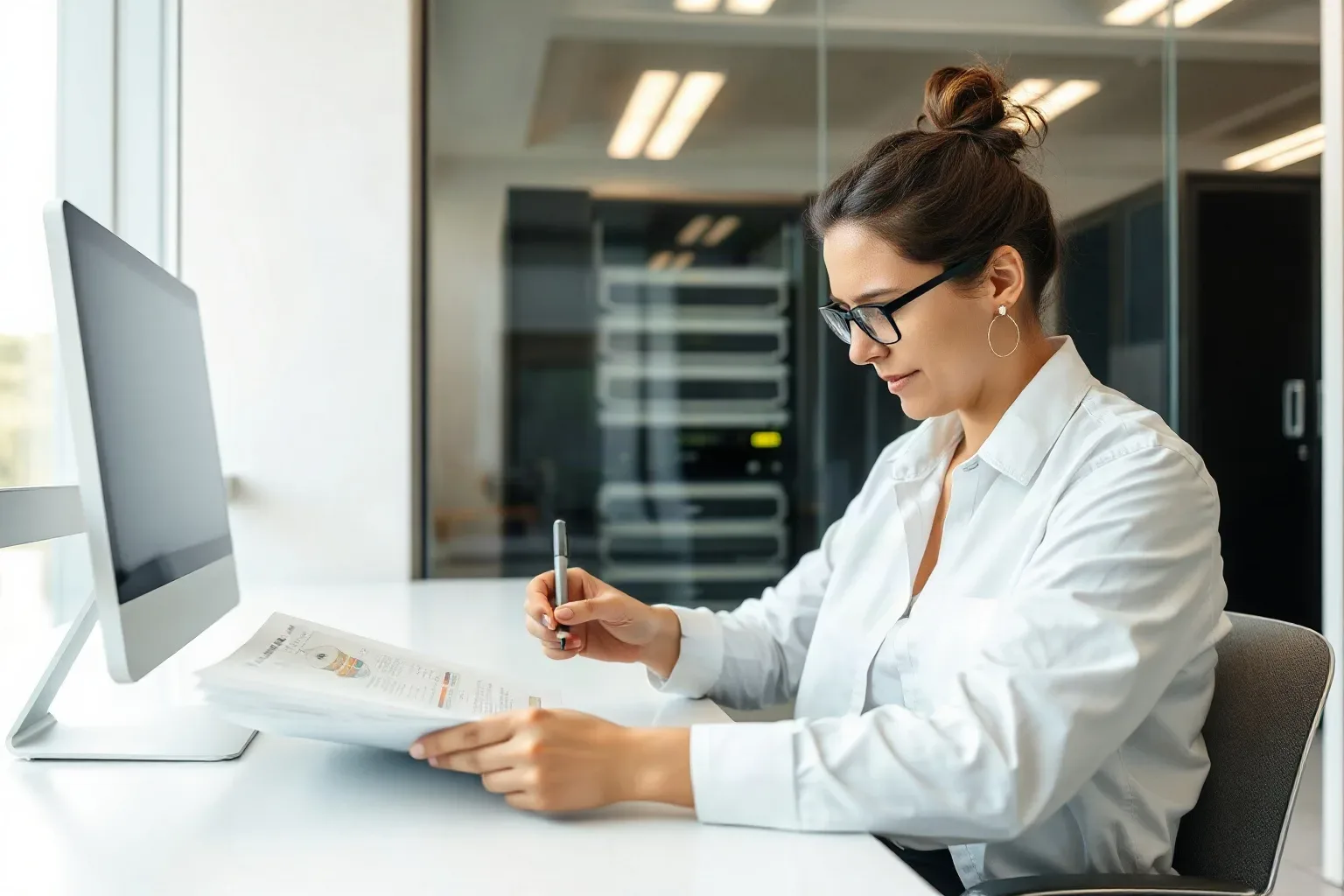 A business-casual analyst at a focused desk flipping through a stack of printed keyword research sheets with one hand while pressing a pen tip to a tiered funnel diagram printout pinned flat on the desk surface, the server rack visible through a glass partition in the background