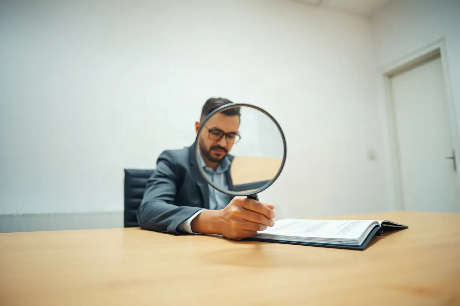 A person in a suit and glasses holds a large magnifying glass over an open document on a wooden desk in a plain office