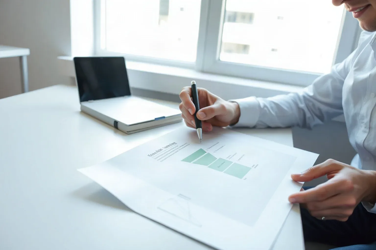 A seated analyst at a desk consulting a printed tiered funnel diagram and using a pen to annotate a schema-related note beside the diagram's lowest tier, natural window light illuminating the page