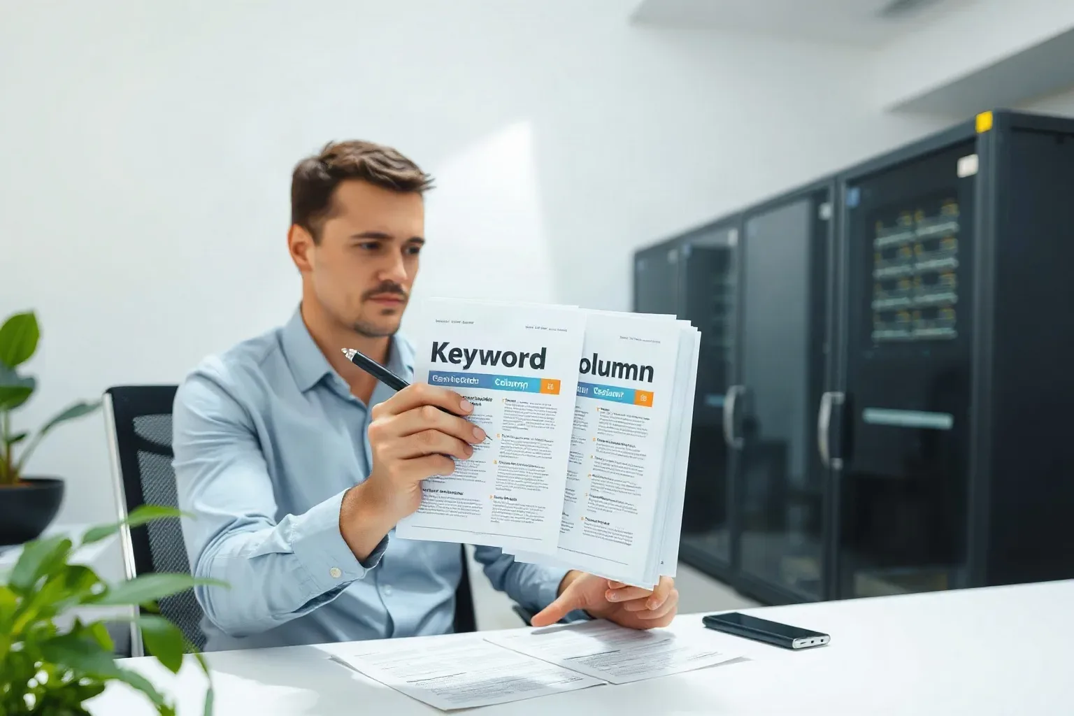 A marketing professional at a single desk fanning out multiple printed keyword research sheets and pointing with a pen to the city column header across the top sheet, the server rack just visible through the glass partition in the background
