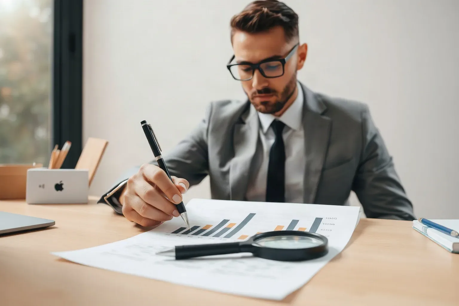 A business-casual professional seated at a desk pressing a pen tip to a specific bar on a printed bar and line graph showing upward traffic trends, with a magnifying glass resting on the desk nearby