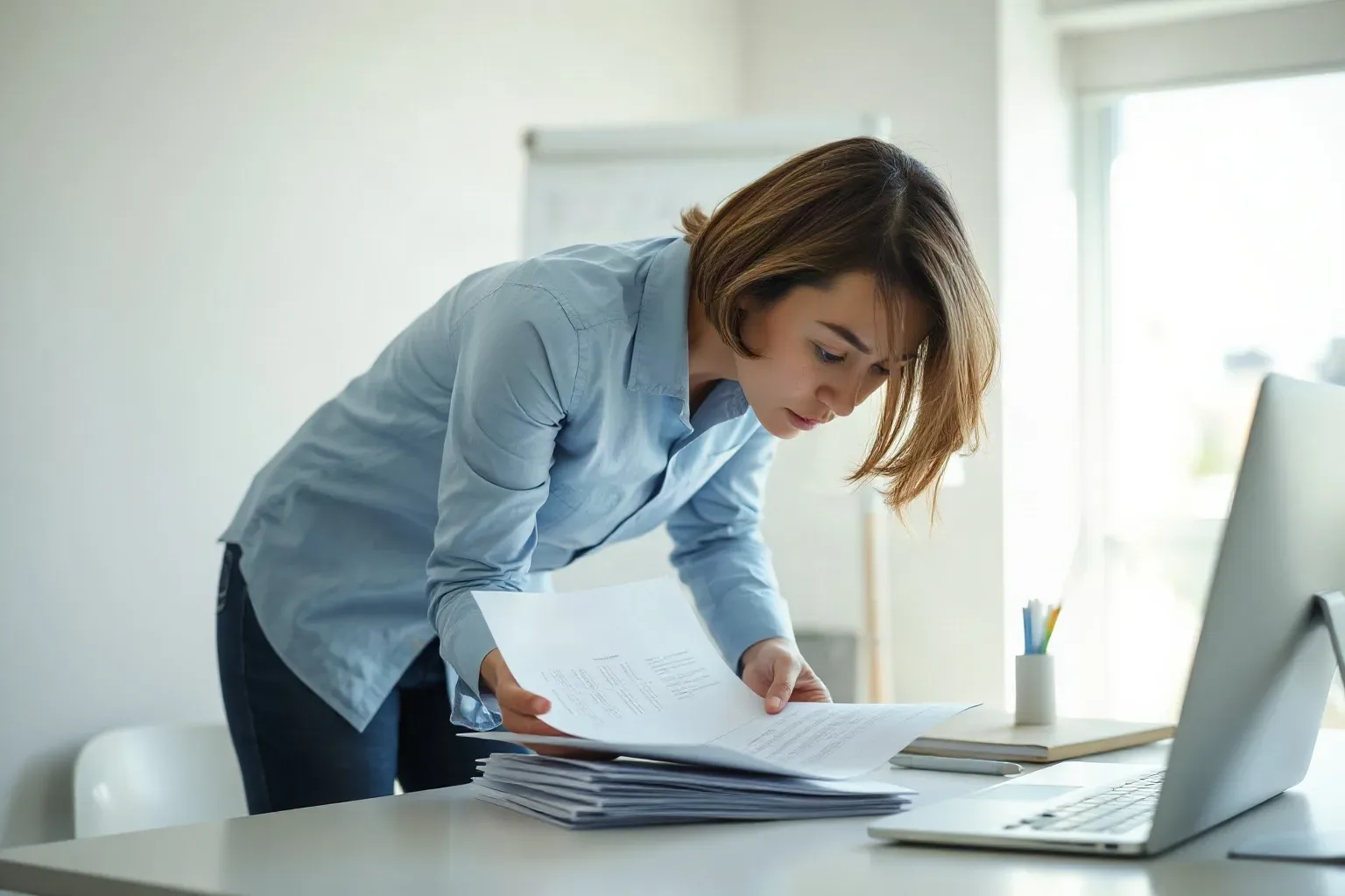 A person leans over a desk, reviewing a stack of printed documents beside a laptop and monitor in a bright office