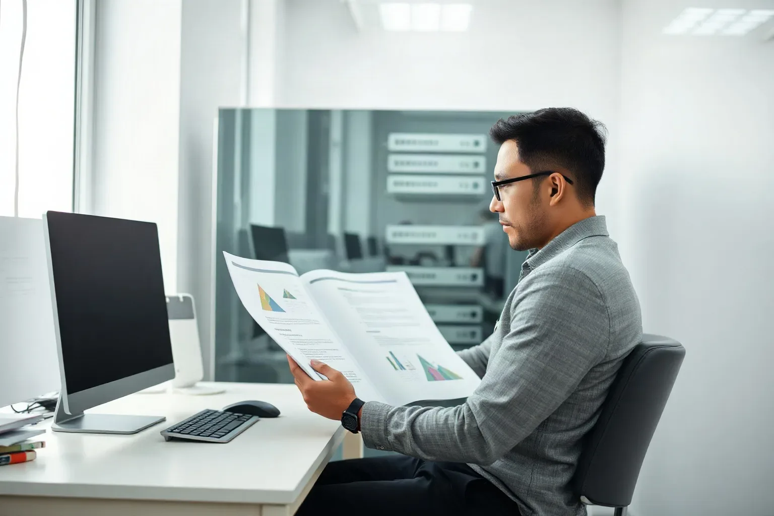 A seated professional in business casual turning to reference a server rack visible through a glass partition behind the desk while holding a printed report open across both hands