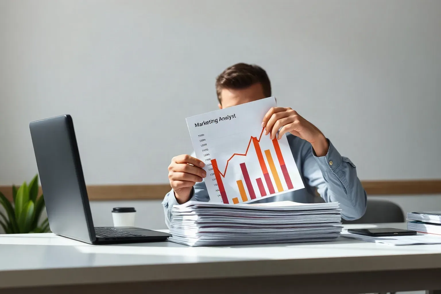 A seated marketing analyst at a focused desk lifting a printed bar and line graph showing upward traffic trends and resting it against a stack of keyword research printouts at a slight angle so the scale labels are easier to read
