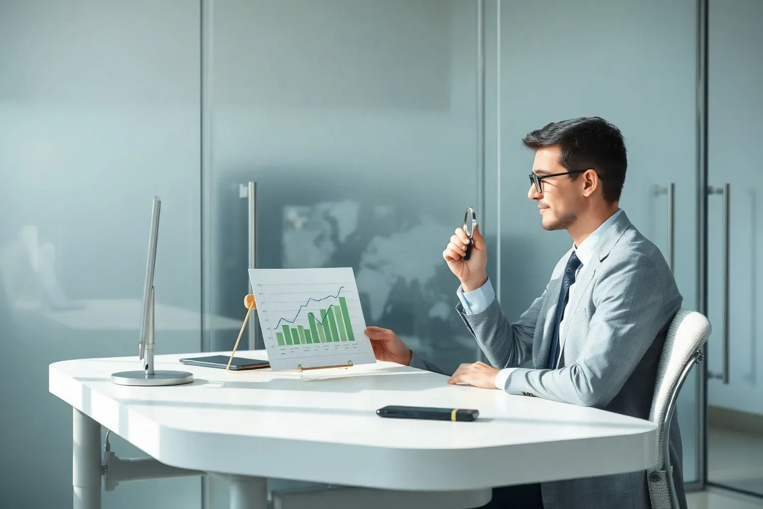 A professional in business casual at a single desk using a magnifying glass to examine the axis labels of a printed bar and line graph showing upward traffic trends, the server rack through the glass partition visible as a structured backdrop behind the desk