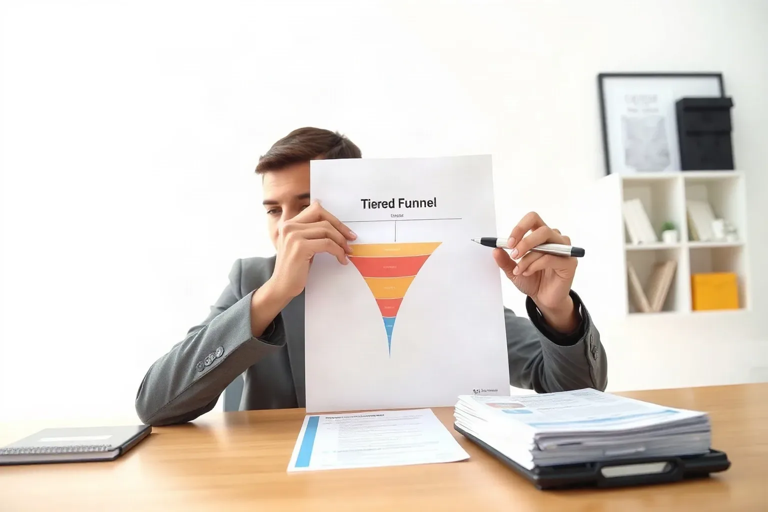 A business-casual professional at a focused desk folding a printed tiered funnel diagram so only the top two stages are visible and using a pen to annotate the exposed area, a stack of keyword research printouts kept flat on the desk beside the folded document