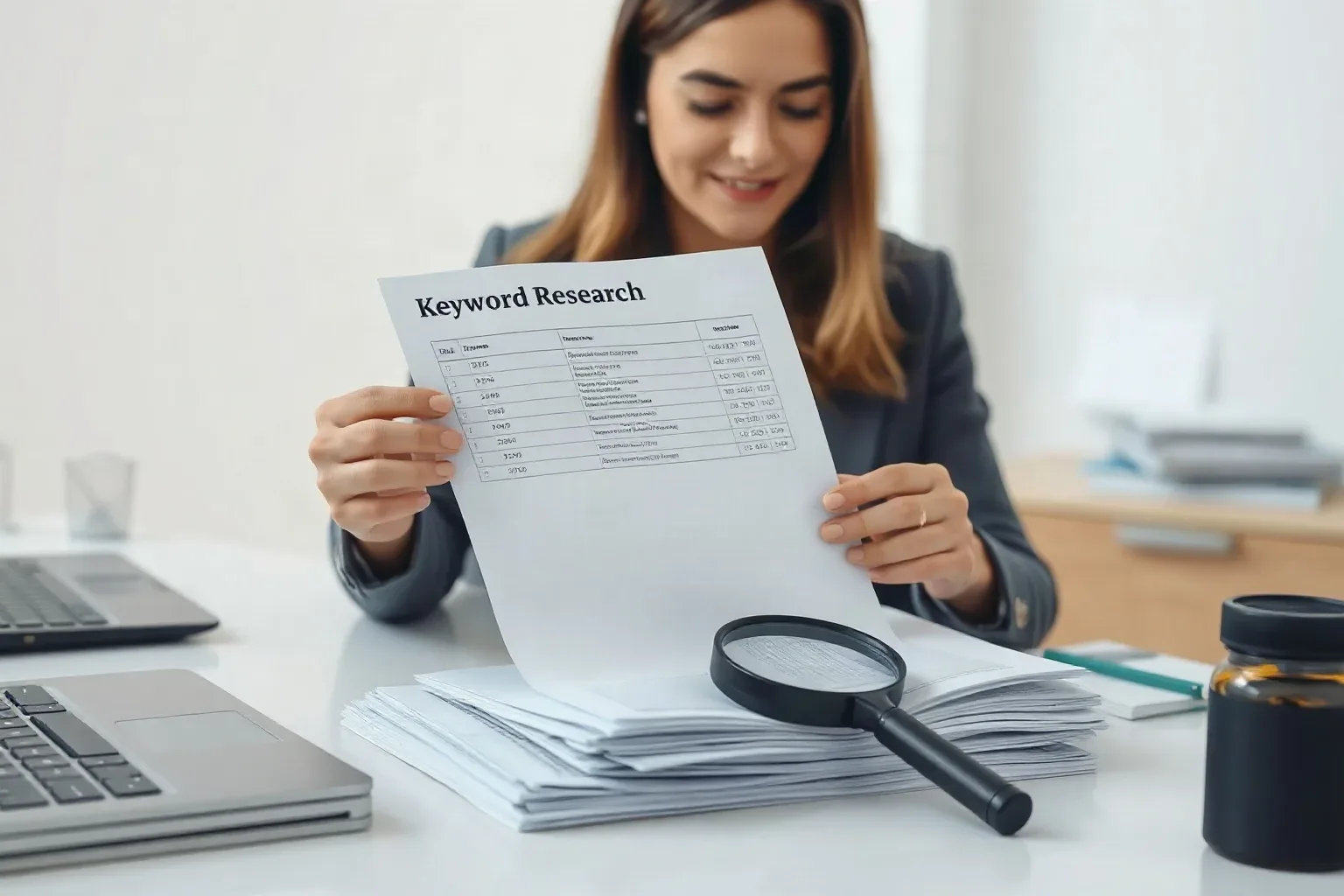 A business-casual professional at a focused desk pulling a keyword research printout from the middle of a stack to review a specific row, a magnifying glass resting on the remaining documents