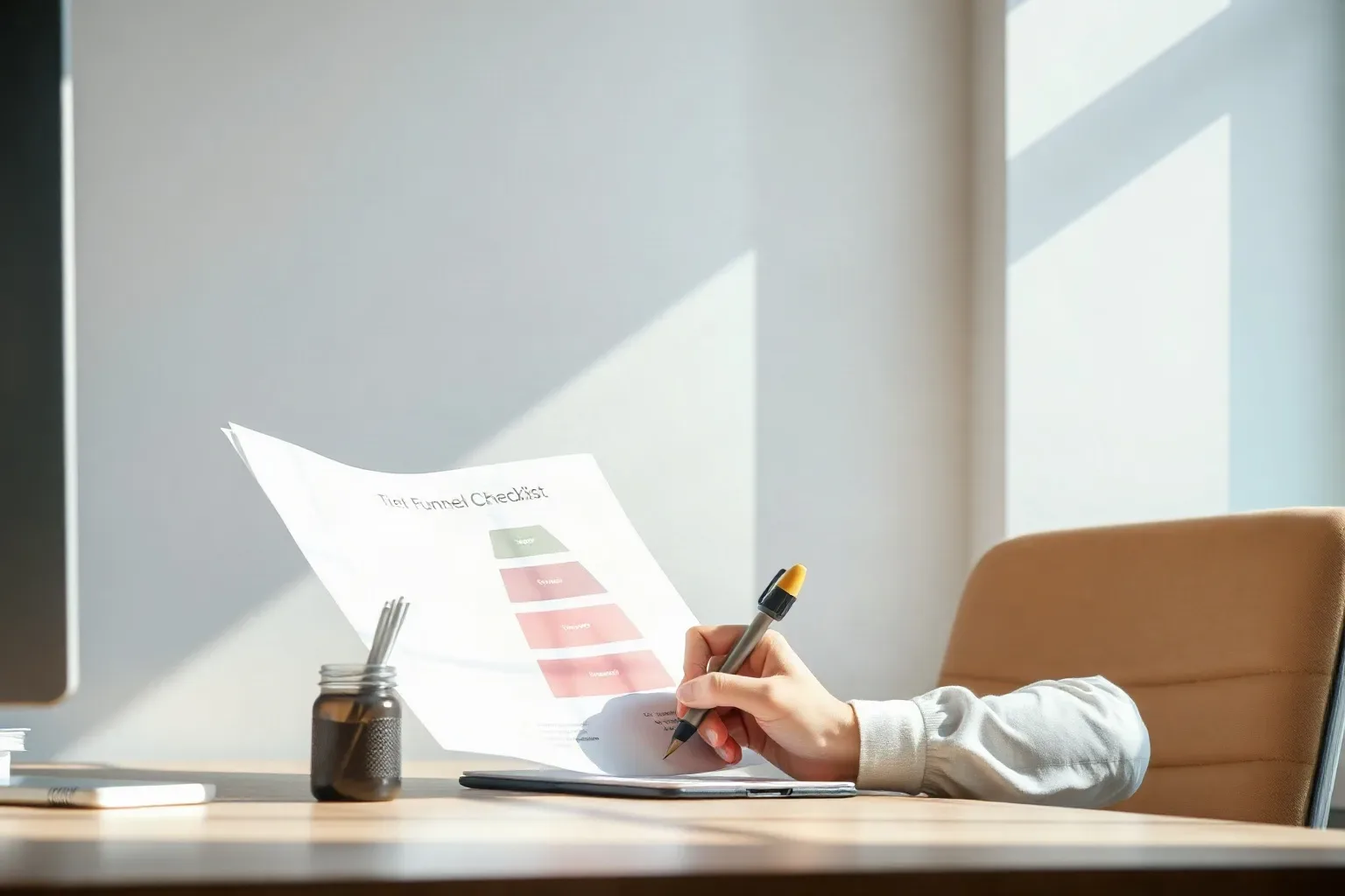 A seated analyst at a desk writing a checklist in the margin of a printed tiered funnel diagram, natural window light falling across the paper from the left side