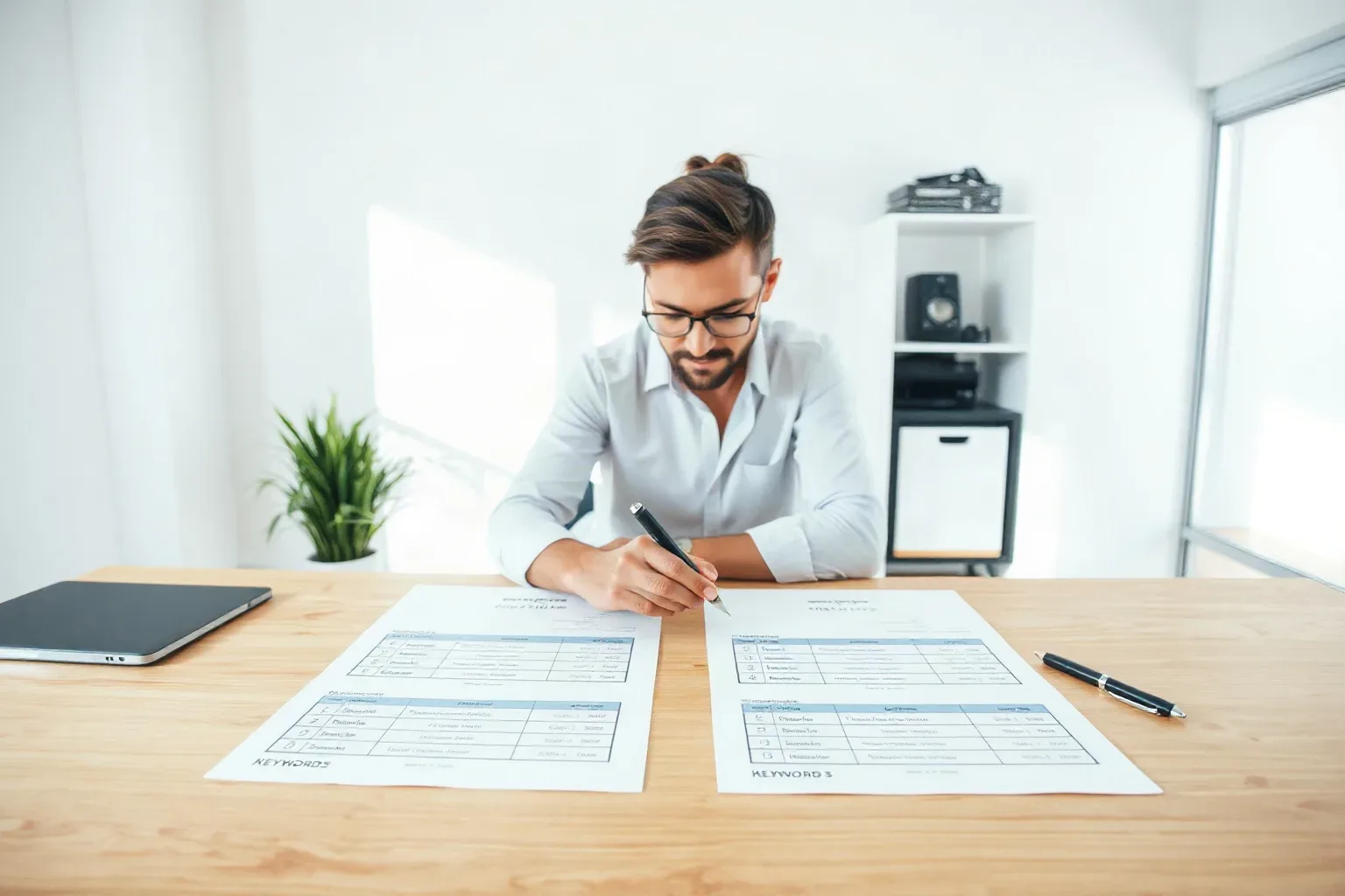 A person with glasses and hair in a bun sits at a wooden desk, writing on printed documents with a pen in a bright, minimal workspace