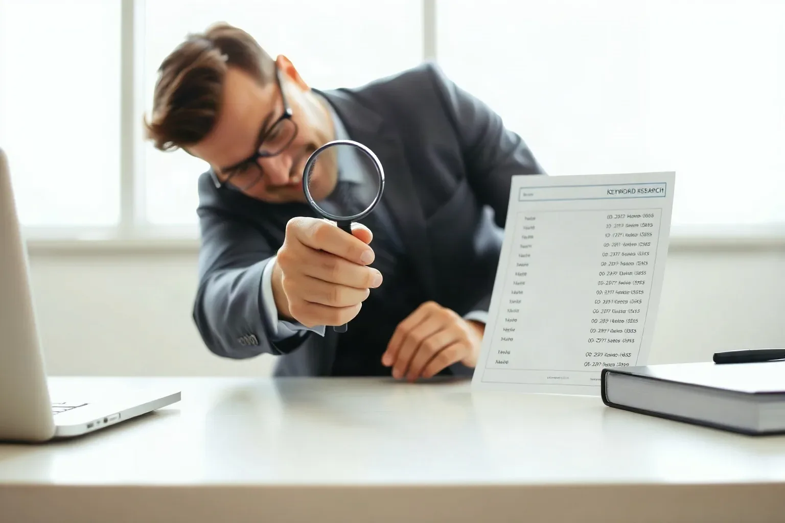 A professional in business casual using a magnifying glass to examine a row of address entries on a keyword research printout, the desk surface clear except for the document and the lens