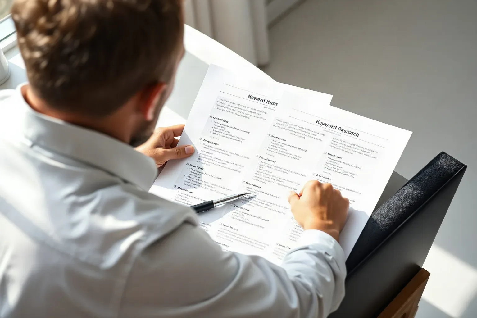 A person in a white shirt reviews printed keyword research documents spread across a desk, holding a pen