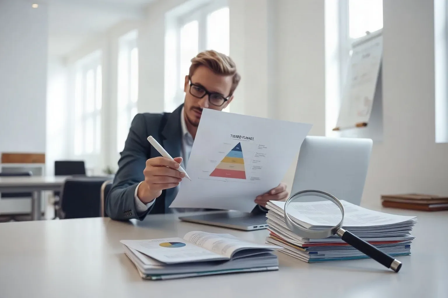 A marketing professional at a focused desk annotating a tiered funnel diagram printout with a pen, a magnifying glass resting on a stack of keyword research documents at the corner of the desk