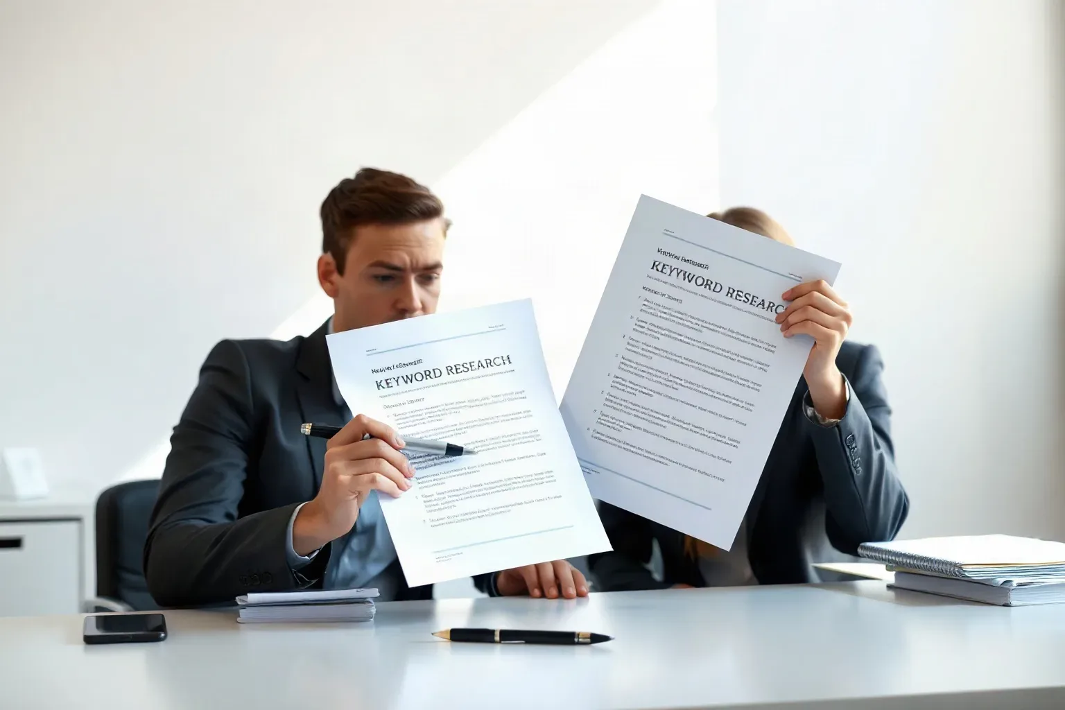 Two people in suits sit at a white desk, each holding up a printed document headed 'Keyword Research' and examining them intently