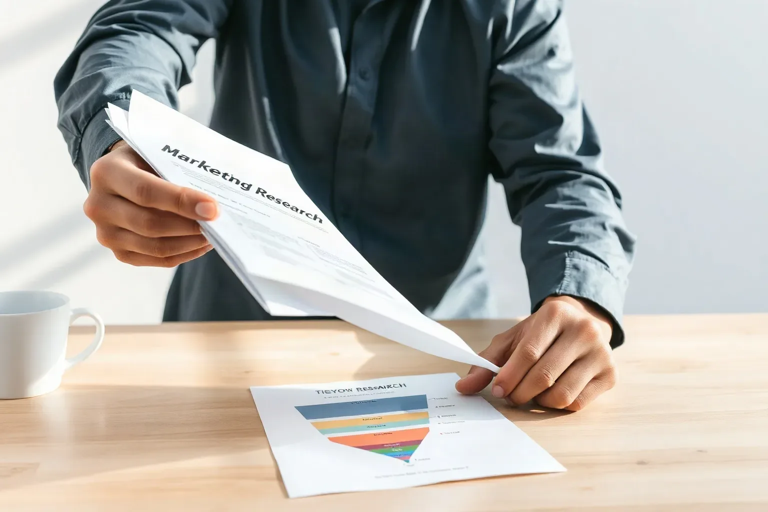 A marketing analyst at a single desk lifting the cover page of a printed keyword research stack to reveal a printed tiered funnel diagram beneath it, then using a pen to indicate a specific stage on the diagram