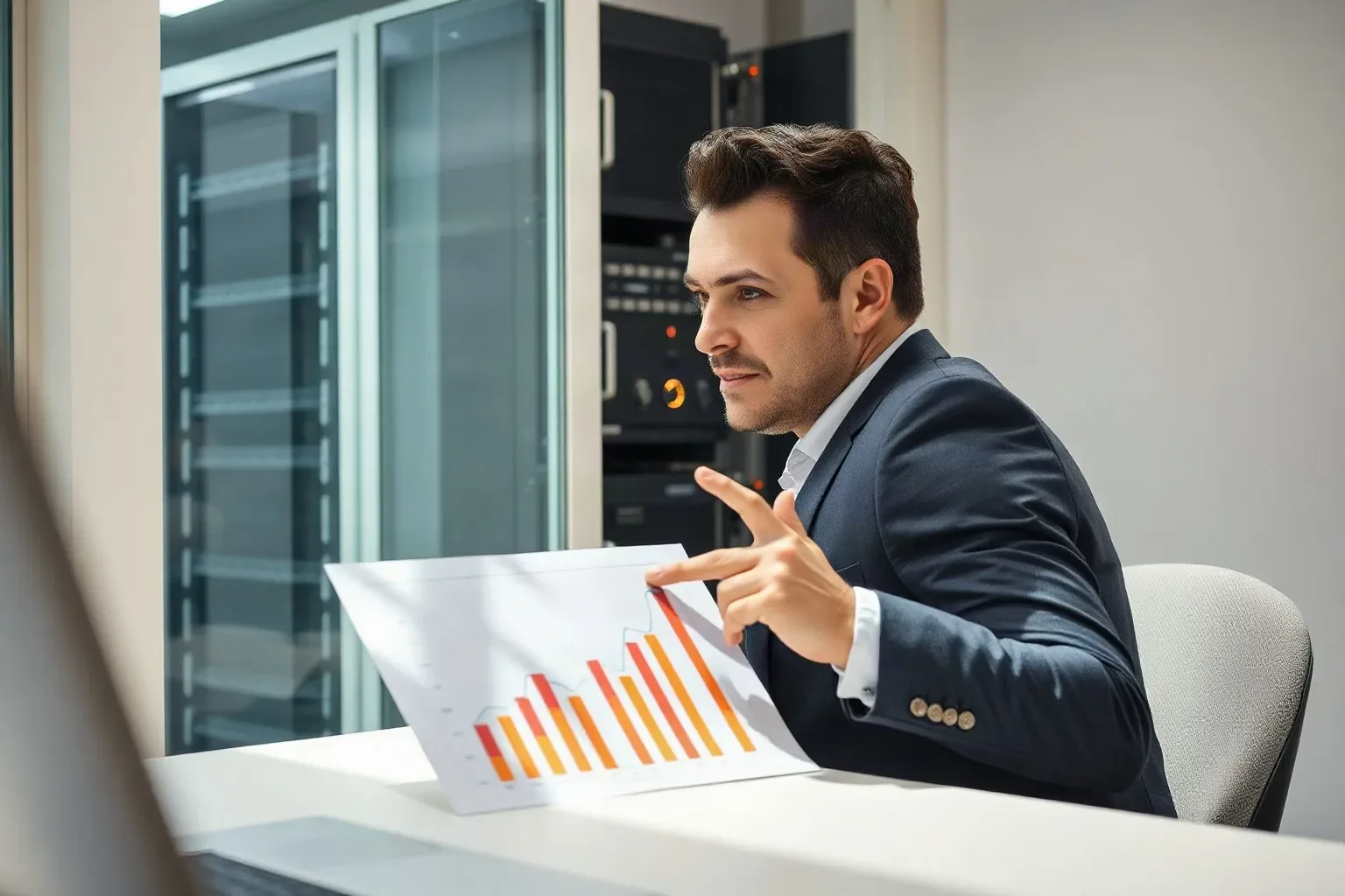 A seated professional in business casual turning toward a server rack visible through the glass partition while keeping one finger pressed to a row on a printed bar and line graph showing upward traffic trends on the desk to hold the place