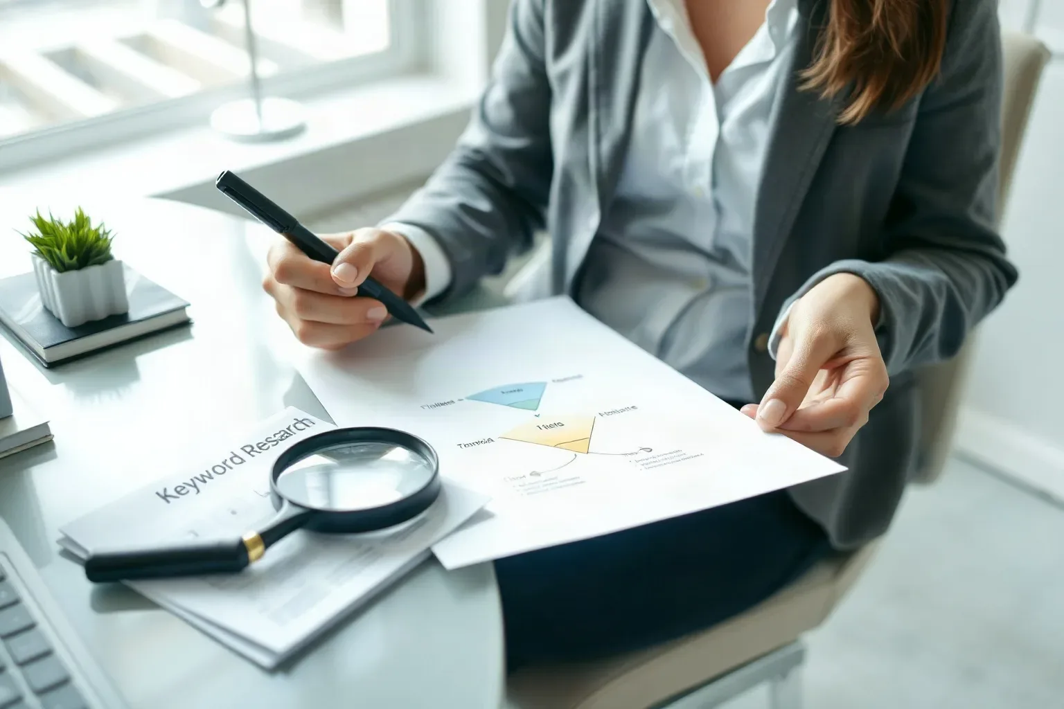 A business-casual professional seated at a desk using a pen to draw linking arrows between items on a printed tiered funnel diagram, a magnifying glass resting on a keyword research printout beside the working document