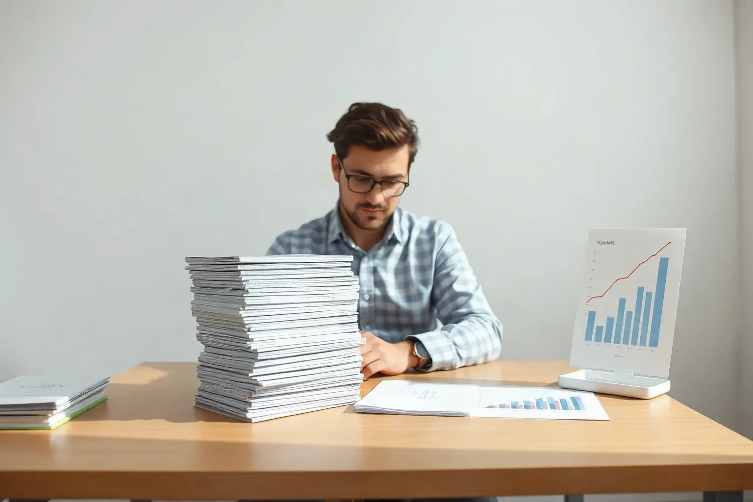 A person wearing glasses and a checked shirt sits at a wooden desk, looking down at papers beside a tall stack of documents and a printed chart on a stand