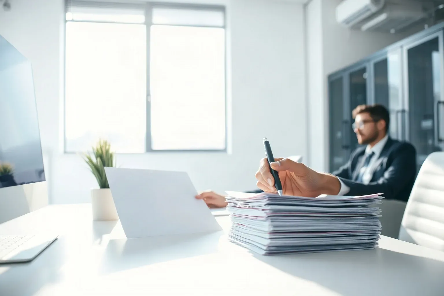 A person in a dark suit writes on a large stack of papers at a white desk in a bright office, with a second person seated in the background