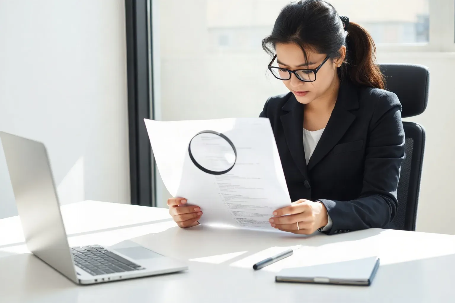 A person in a dark business suit and glasses sits at a desk reviewing printed documents held up with a magnifying glass, with a laptop open to one side