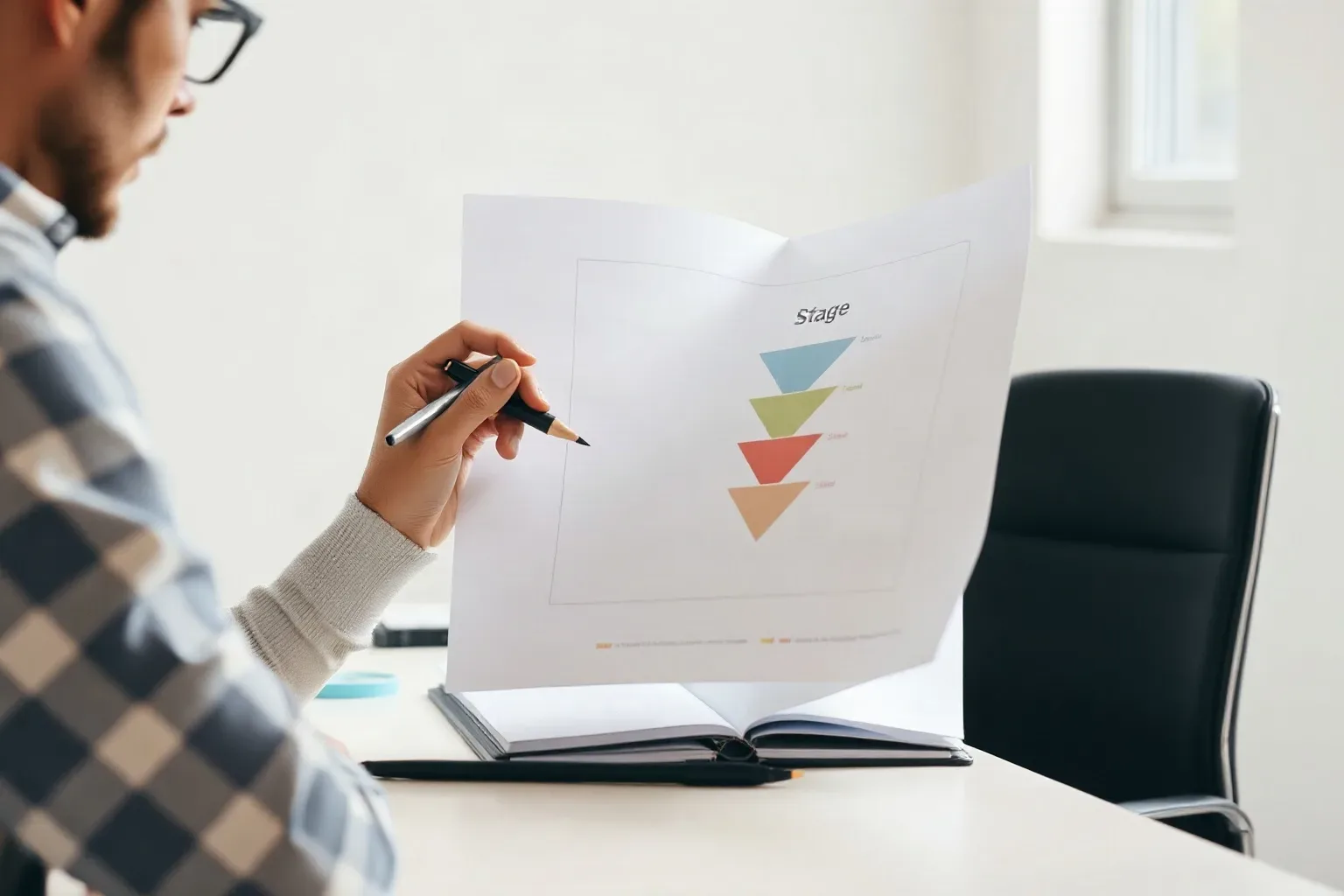 A marketing analyst at a single desk pulling the cap off a pen with one hand while the other hand holds open a printed tiered funnel diagram, ready to annotate a specific stage on the diagram