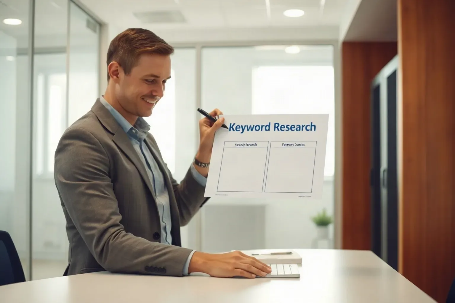 A smiling person in a grey blazer holds up a printed 'Keyword Research' document and points to it with a pen while seated at a white desk in a modern office