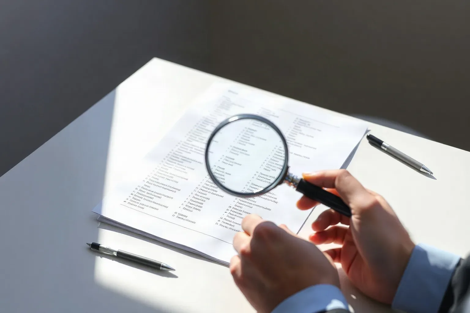 A person holds a magnifying glass over printed documents covered in text and lists, laid on a white desk beside two pens