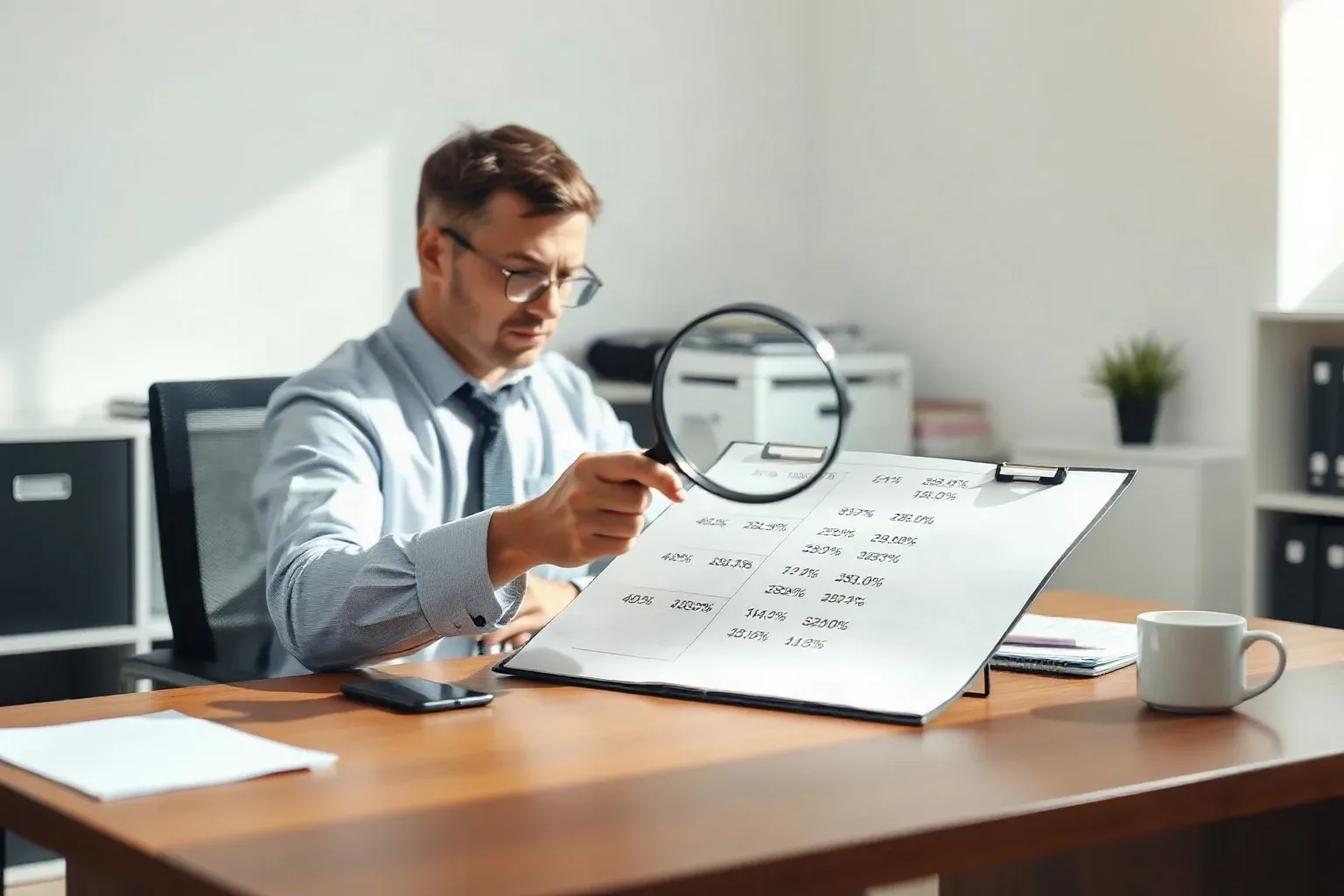 A seated analyst at a focused desk holding a magnifying glass over a column of percentage figures on a printed keyword research sheet and tracing each figure with a fingertip of the other hand
