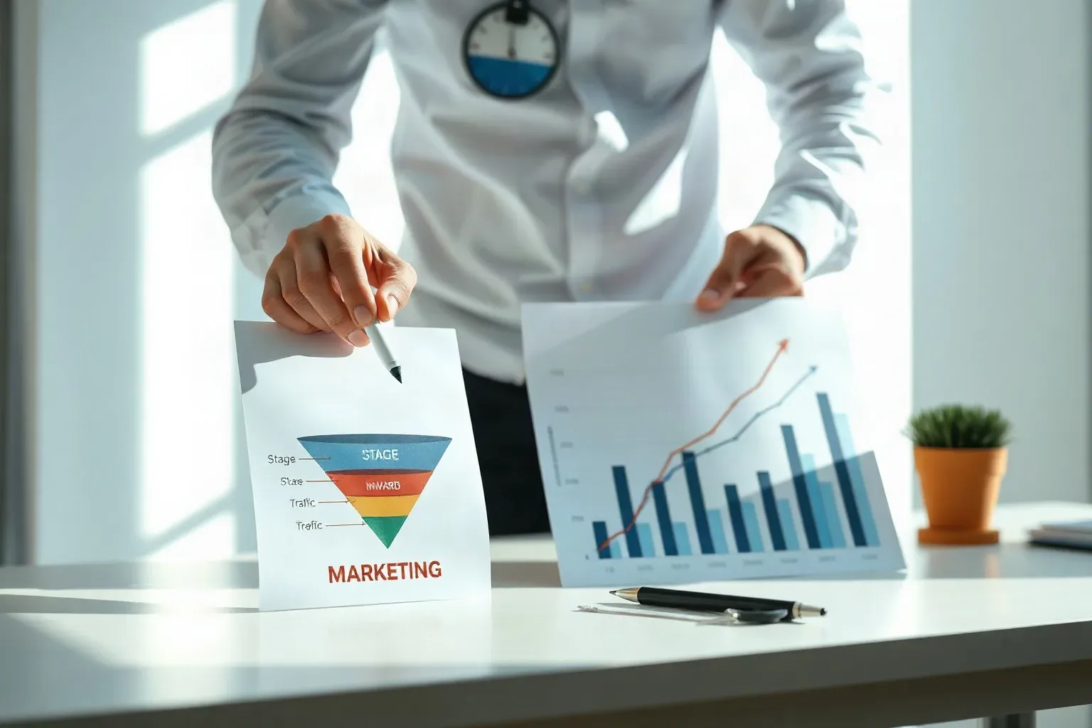 A marketing analyst at a single desk placing a printed tiered funnel diagram directly beside a printed bar and line graph showing upward traffic trends and drawing an arrow between a stage on the diagram and a bar on the chart using a pen