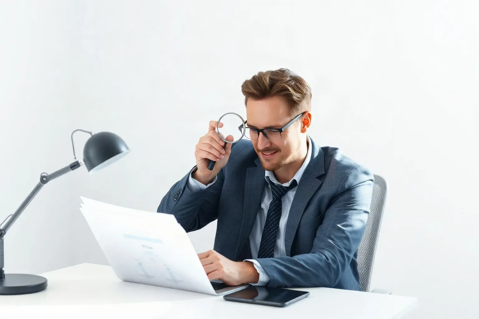 A person in a suit and glasses holds a magnifying glass over a document at a white desk, with a lamp and smartphone nearby