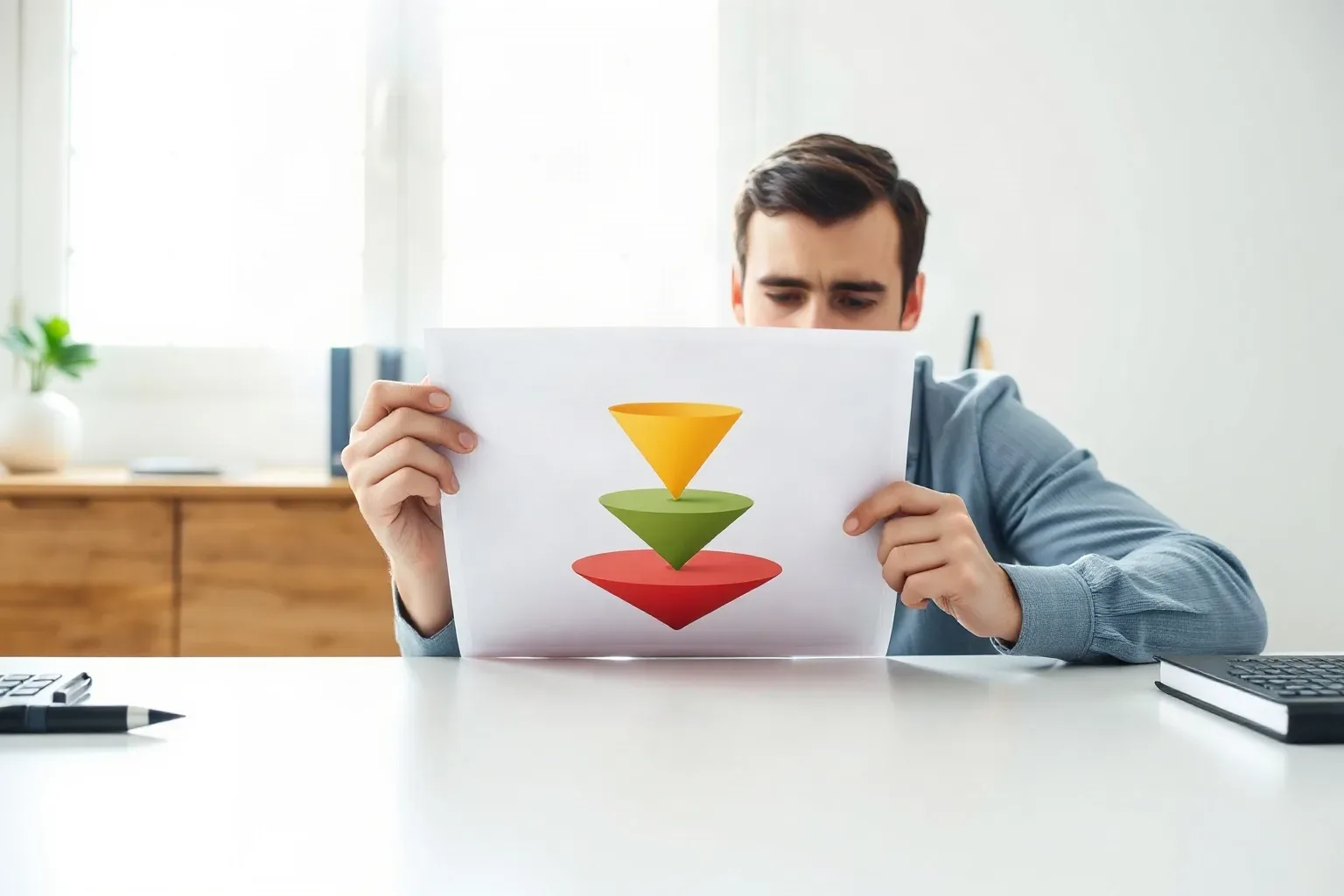 A seated analyst at a focused desk opening the fold of a printed tiered funnel diagram to full width on the desk, then running a pen tip along the boundary between two diagram stages