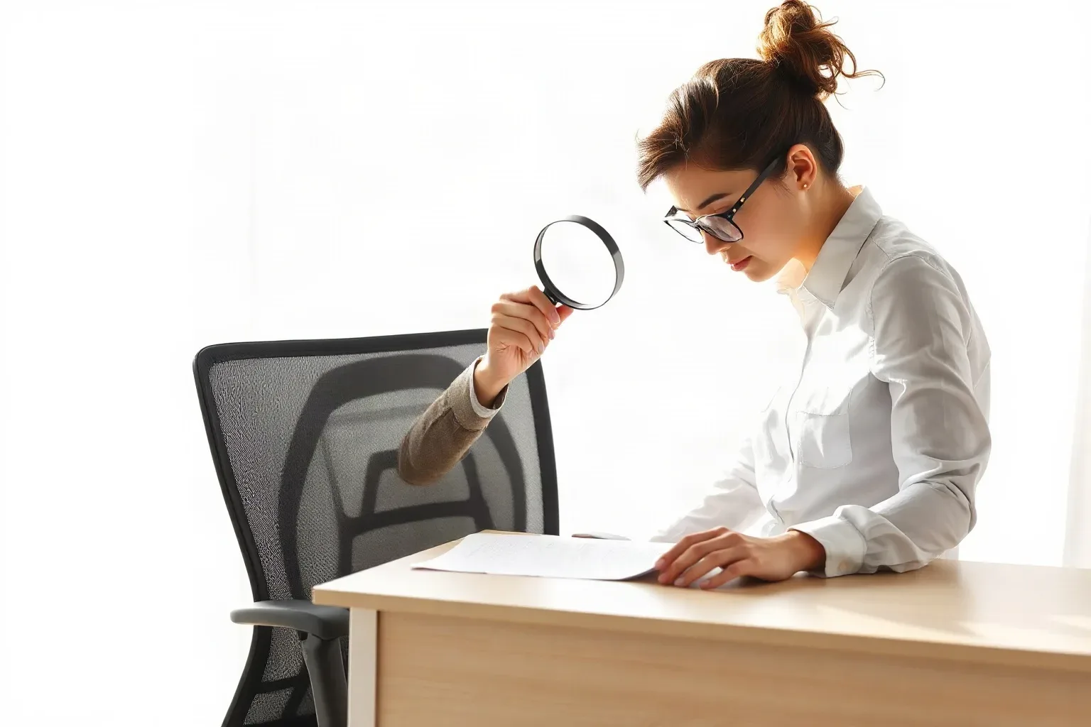 A person wearing glasses and a white shirt sits at a wooden desk, examining a document through a magnifying glass