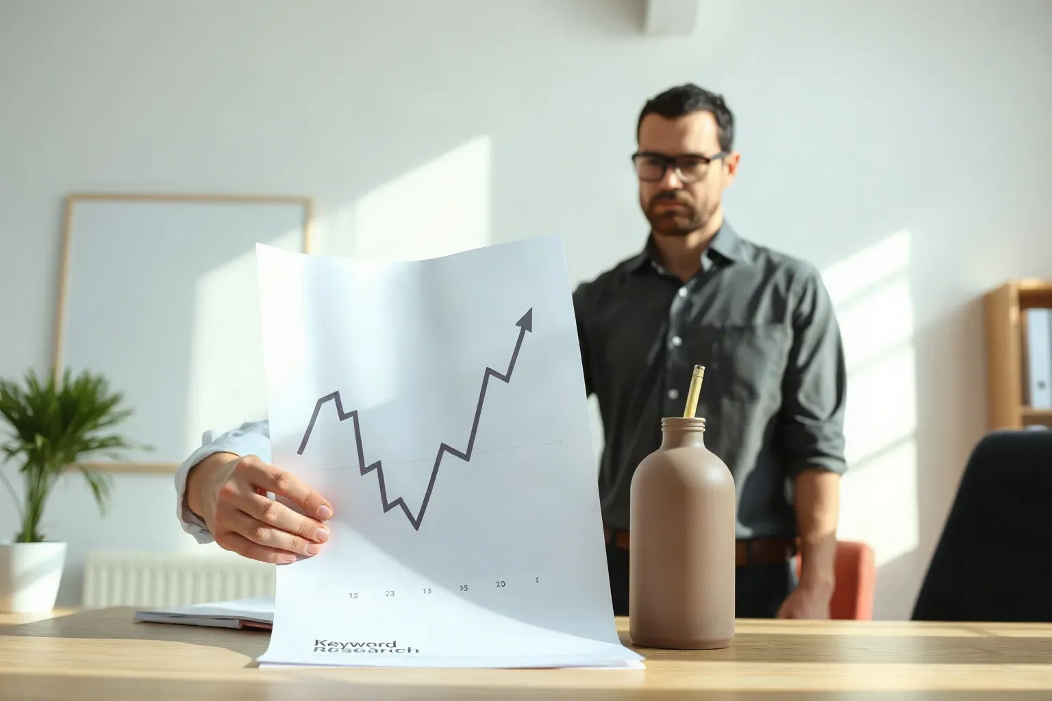 A business-casual professional standing at a desk and positioning a printed bar and line graph showing upward traffic trends beside a printed keyword research sheet to compare a data point on each, pen poised between the two documents
