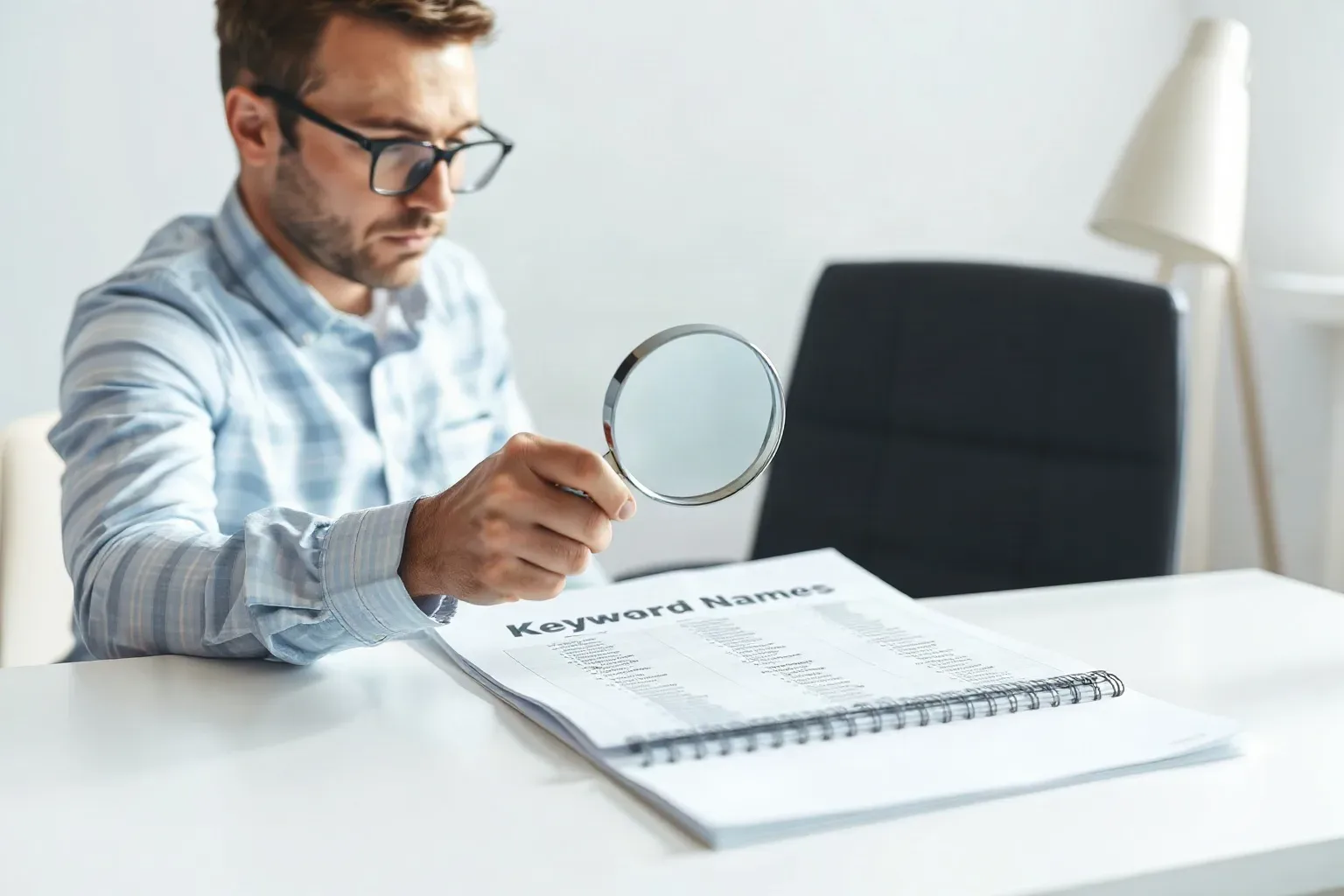 A person wearing glasses holds a magnifying glass over a printed document headed 'Keyword Names' while seated at a white desk