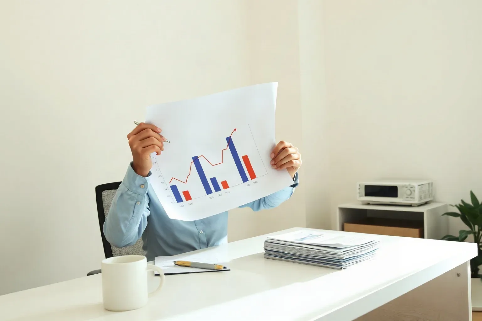 A business-casual analyst at a single desk flipping a printed bar and line graph showing upward traffic trends face-down and writing a note on its reverse, a stack of keyword research printouts pushed to the near edge of the desk