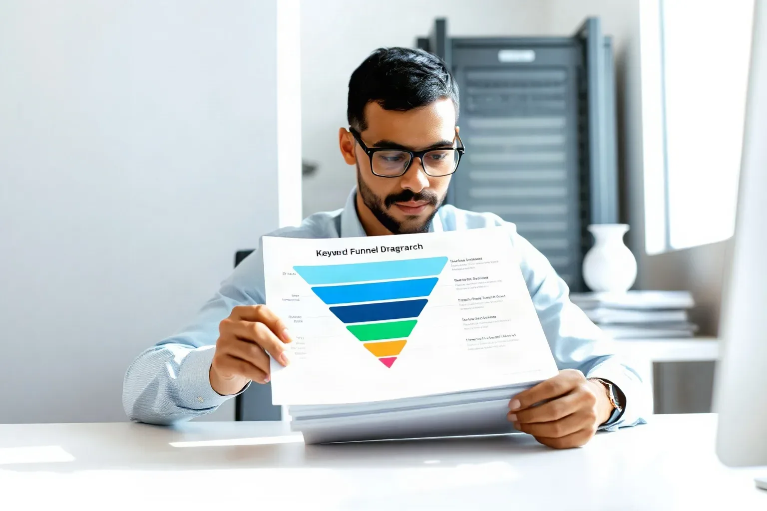 A marketing professional at a focused desk sliding a tiered funnel diagram printout partially under a stack of keyword research sheets to mark a reference point, a server rack faintly visible through the glass partition behind the desk