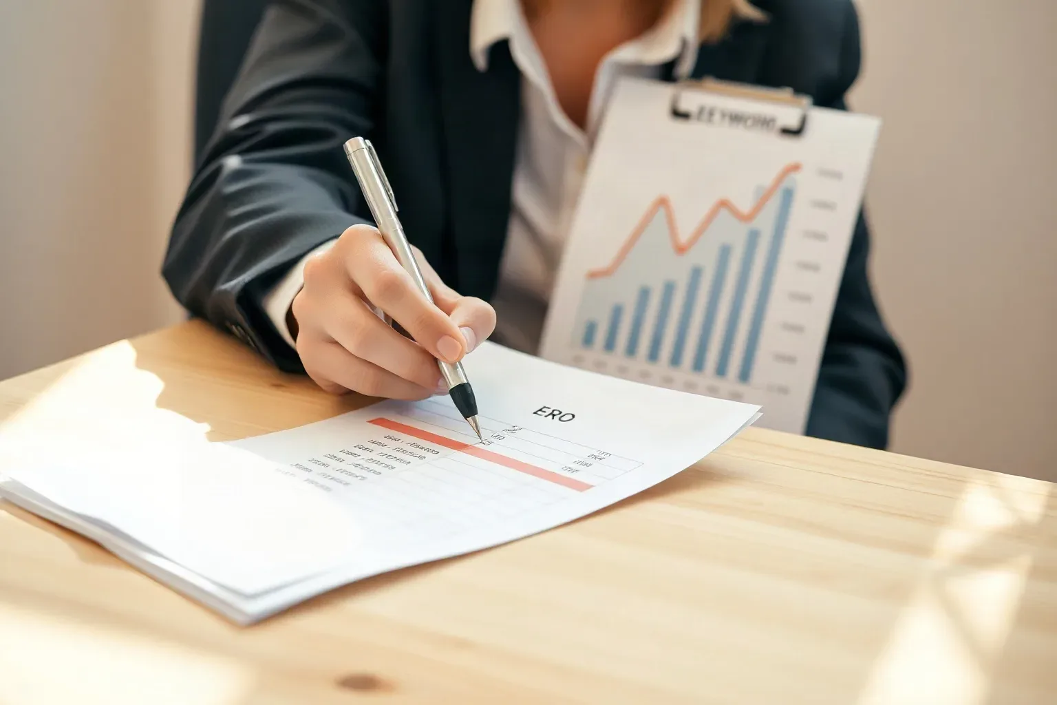A business-casual professional seated at a single desk pressing a pen to the very bottom row of a printed keyword research sheet where volume figures approach zero, a printed bar and line graph showing upward traffic trends visible behind the active document