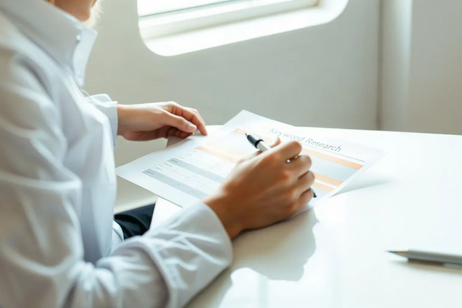 A person in a white shirt sits at a white desk reviewing printed documents, holding a pen, with natural light from a window behind them