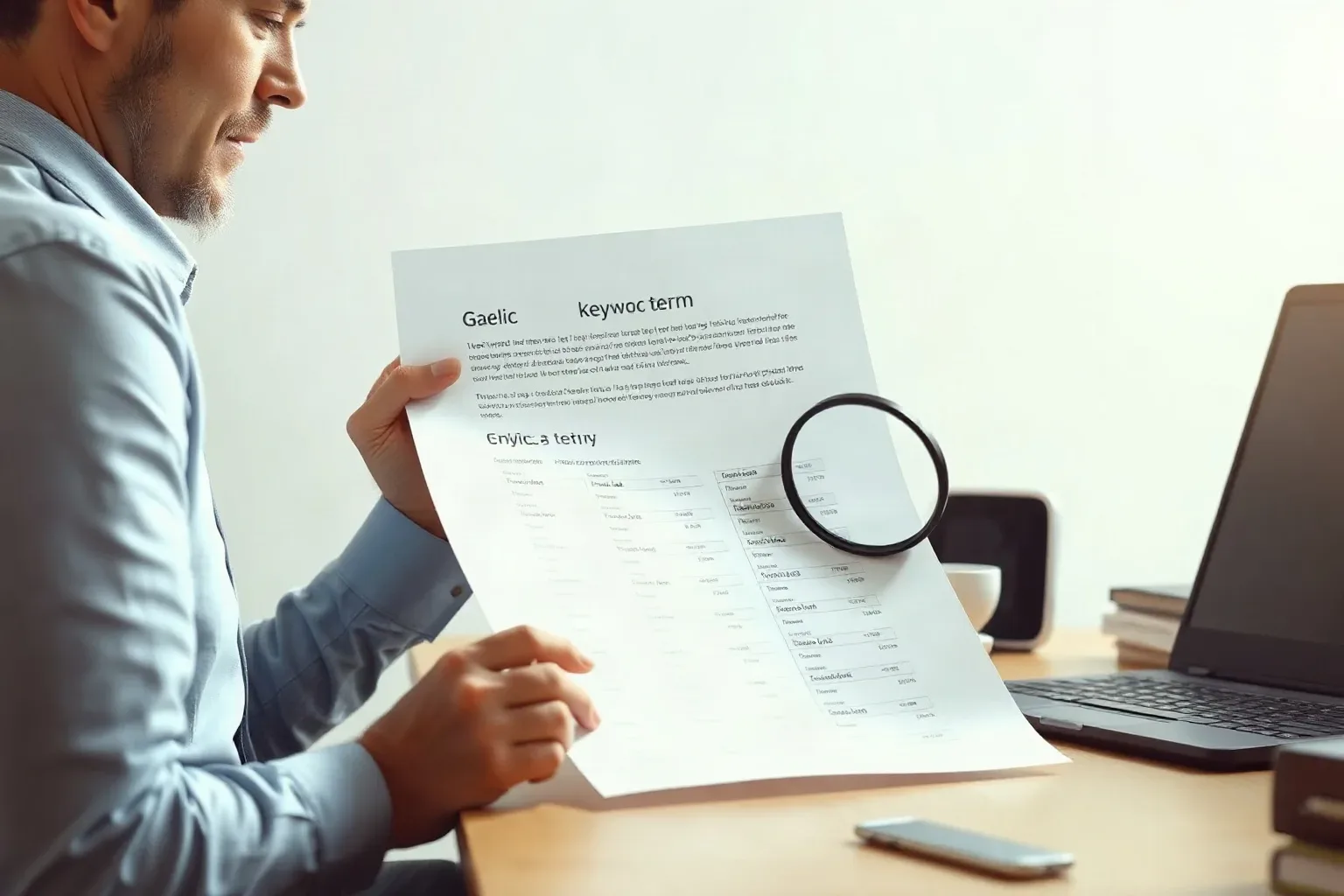 A person in a light blue shirt holds up a printed document with a magnifying glass resting on it, seated at a desk with a laptop nearby