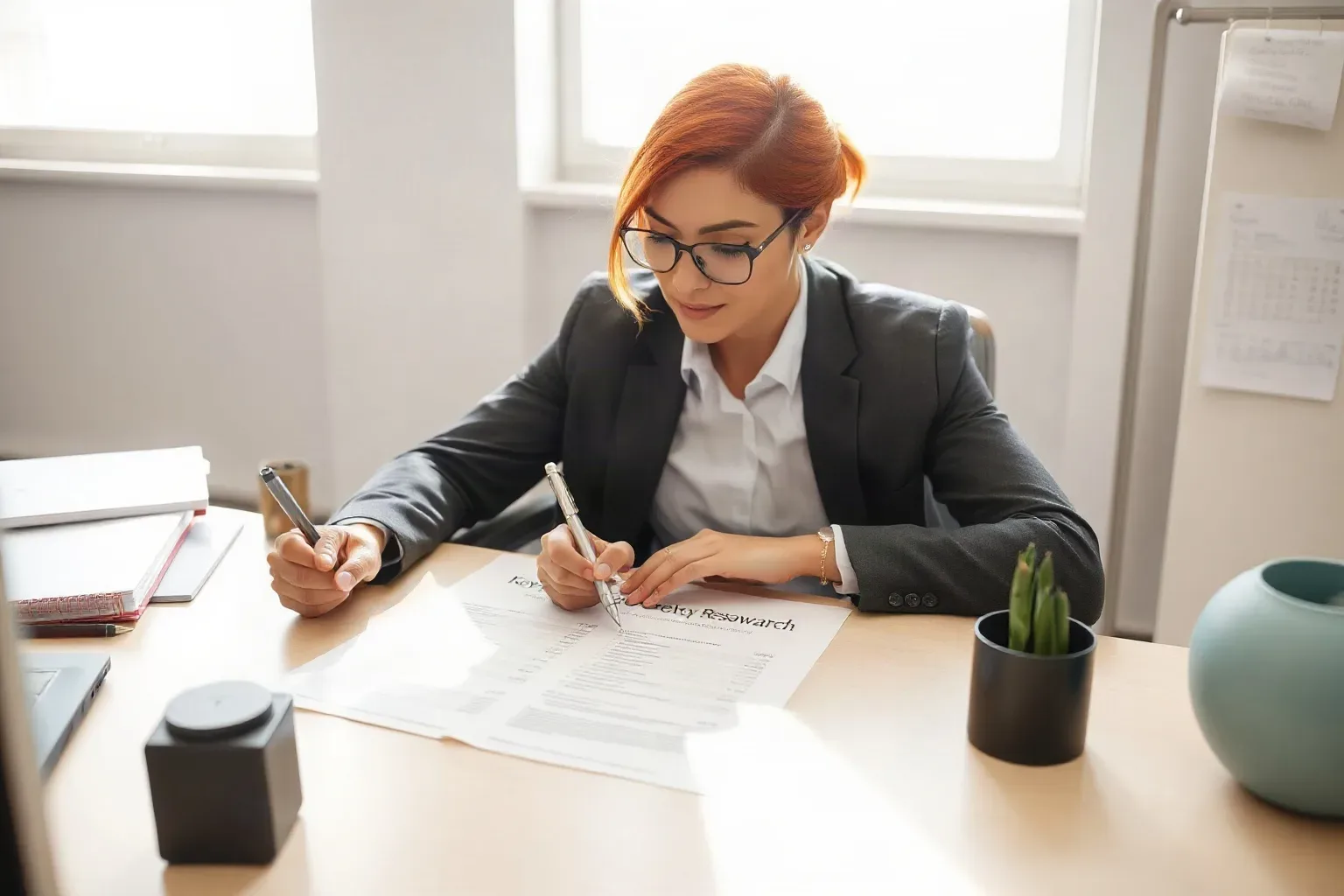 A person with red hair and glasses sits at a desk in an office, signing or annotating a printed document with a pen