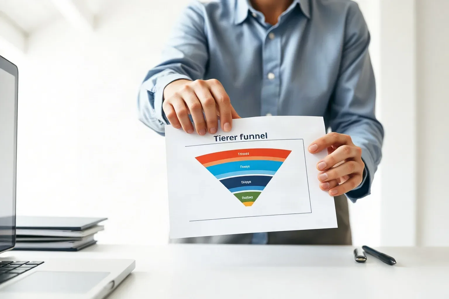 A business-casual analyst at a single desk pressing a printed tiered funnel diagram flat with one forearm while using the other hand to underline the widest stage of the diagram with a pen