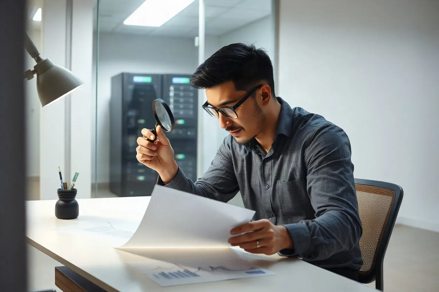 A marketing professional at a focused desk using a magnifying glass to examine the highest data point on a printed bar and line graph showing upward traffic trends, the server rack through the glass partition dimly lit in the background behind the desk